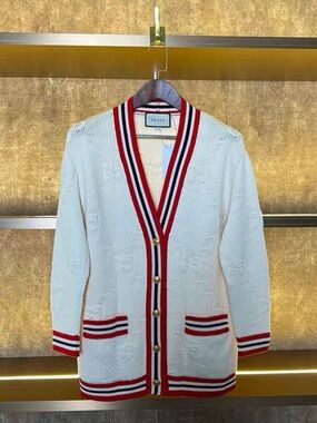 Authentic Gucci Cream Knit Cardigan with Red & Navy Stripe Trim